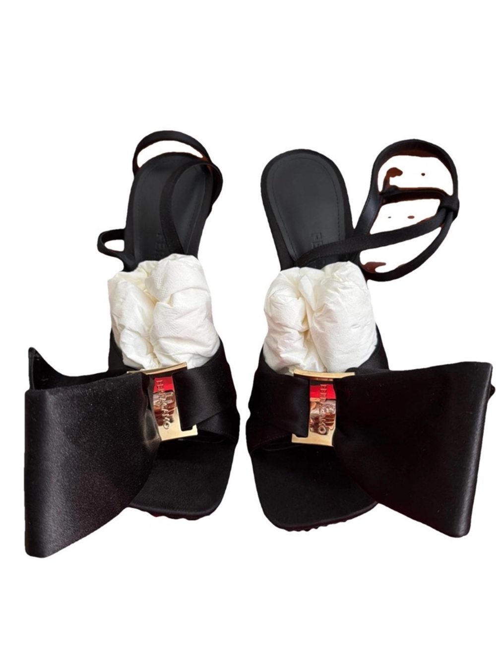 Salvatore Ferragamo Black Satin Bow Slingback Heels with Gold Plaque
